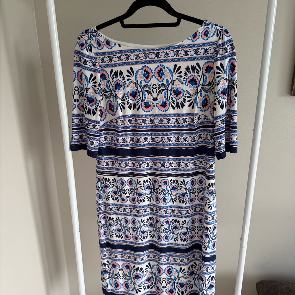 Eliza J White, Navy & Pink Floral Stripe Midi Dress